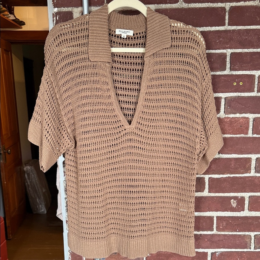 Max Studio London Brown Knit Short Sleeve Sweater